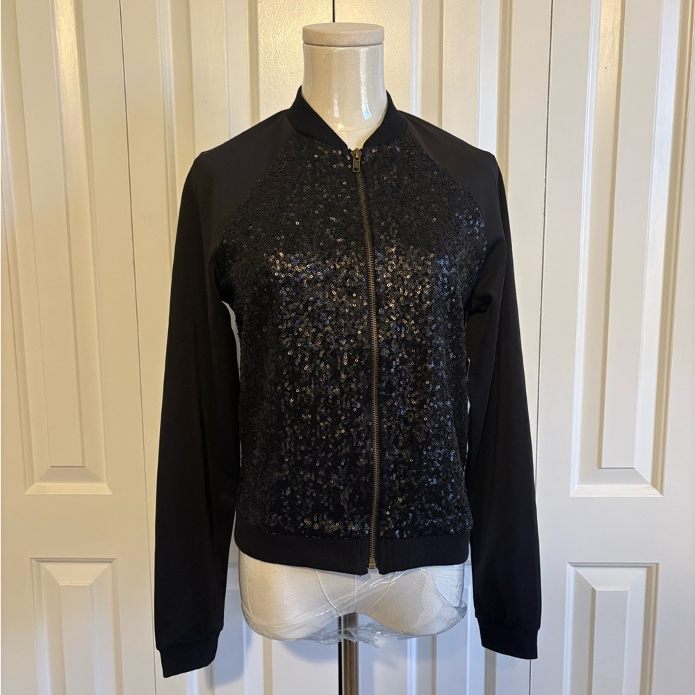 BONGO Black Sequin Zip Front Bomber Jacket (Jacket Only), Size M